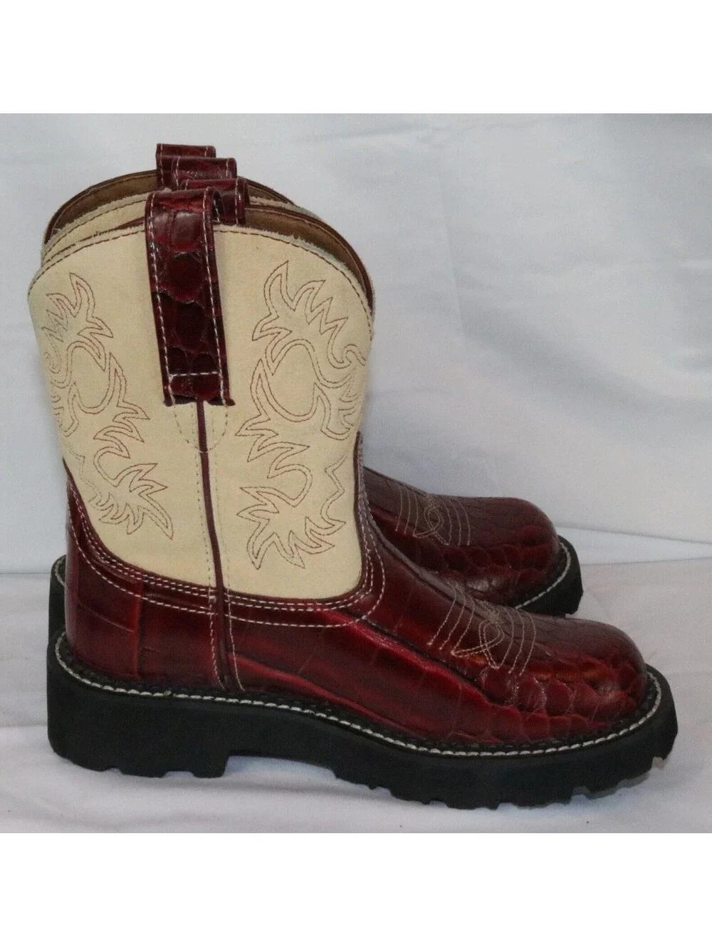Ariat Fatbaby 14709 Women Red Croc Embossed Leather Western Boots 5.5B Tan Suede